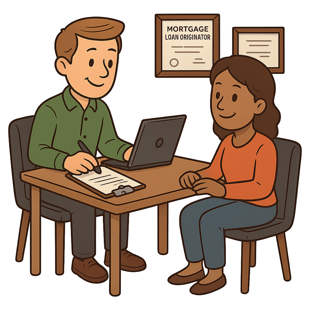 Cartoon depiction of an MLO sitting with a client signing paperwork