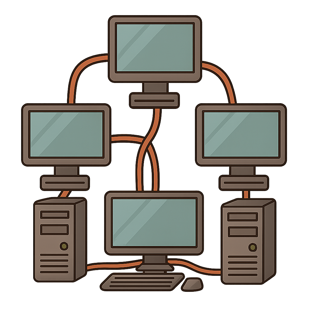 Cartoon depiction of multiple computer systems connecting with eachother