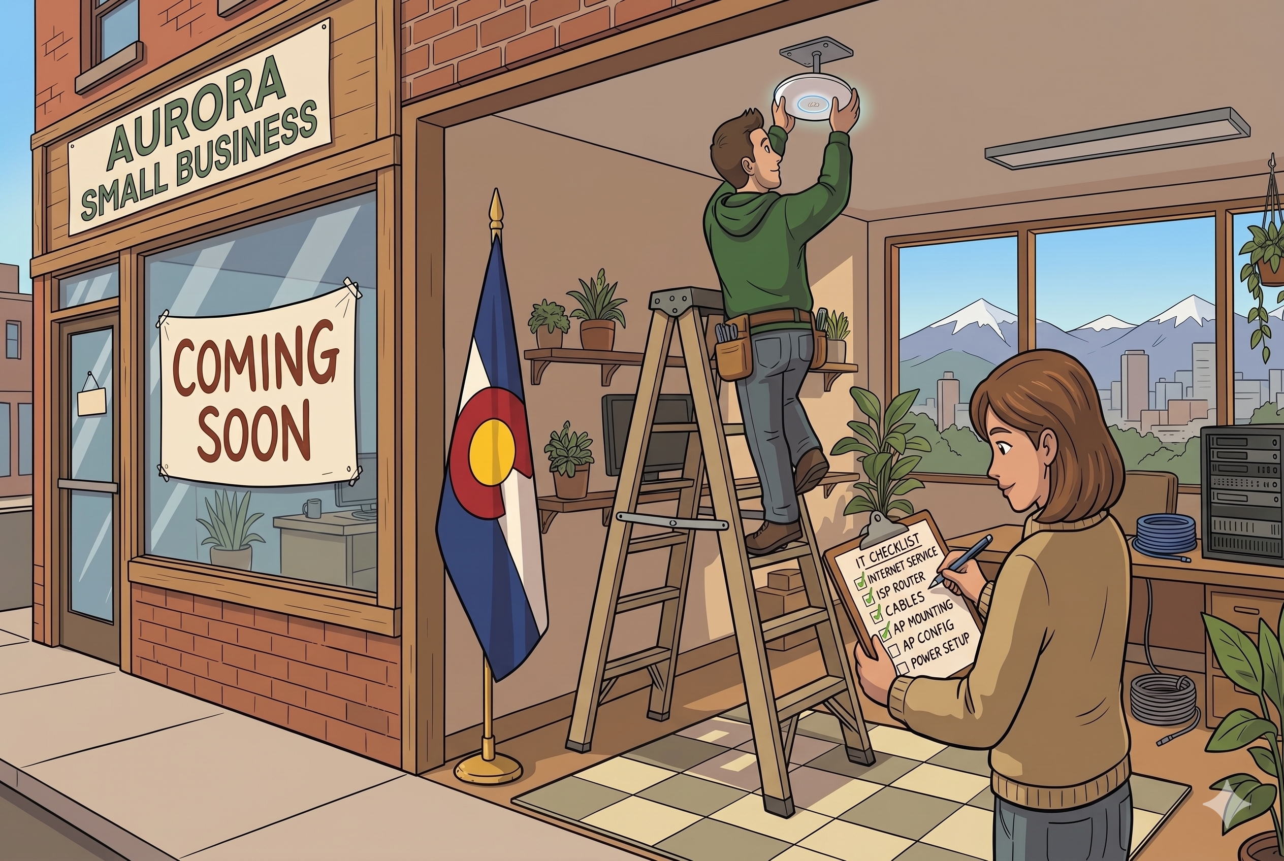 Cartoon image of a technician setting up the network at a new aurora office