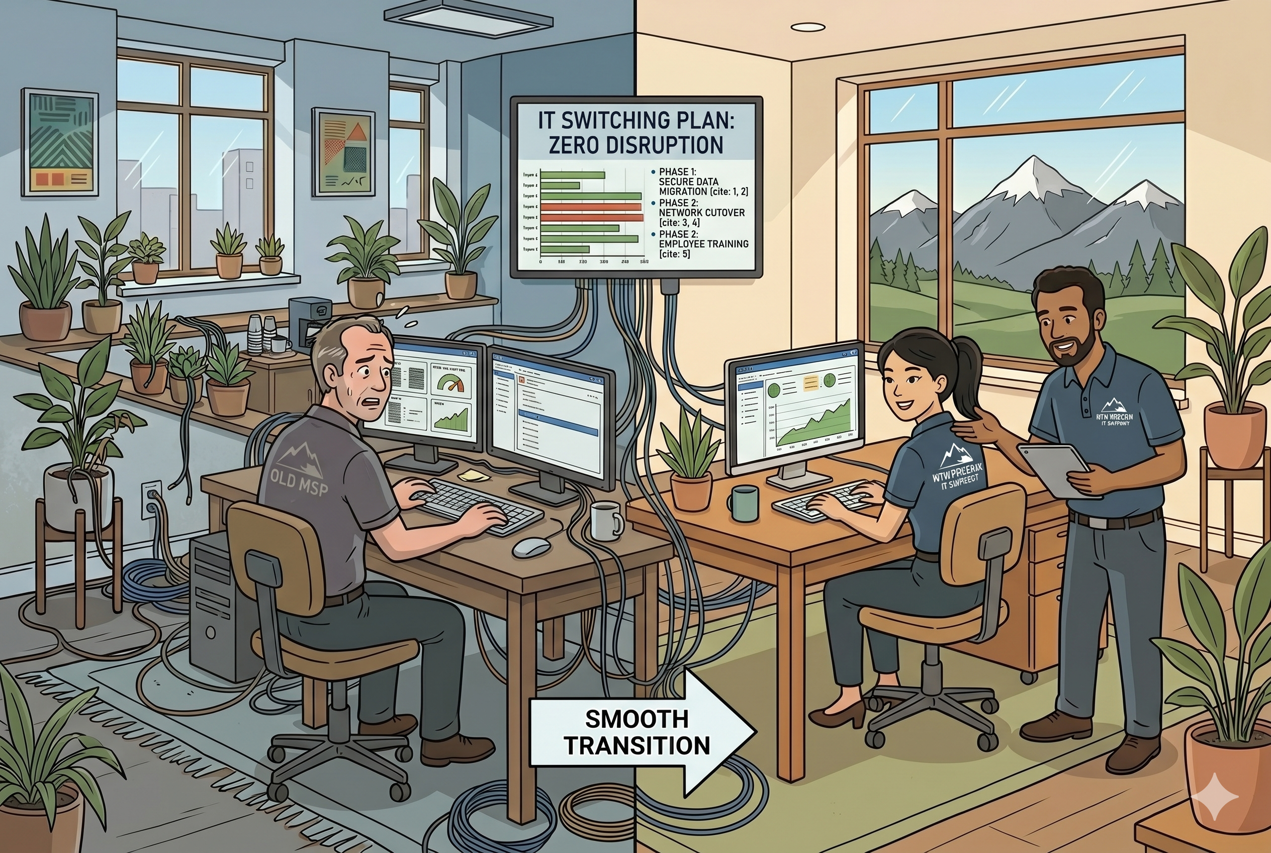 A cartoon depiction of a split view between 2 different IT providers.