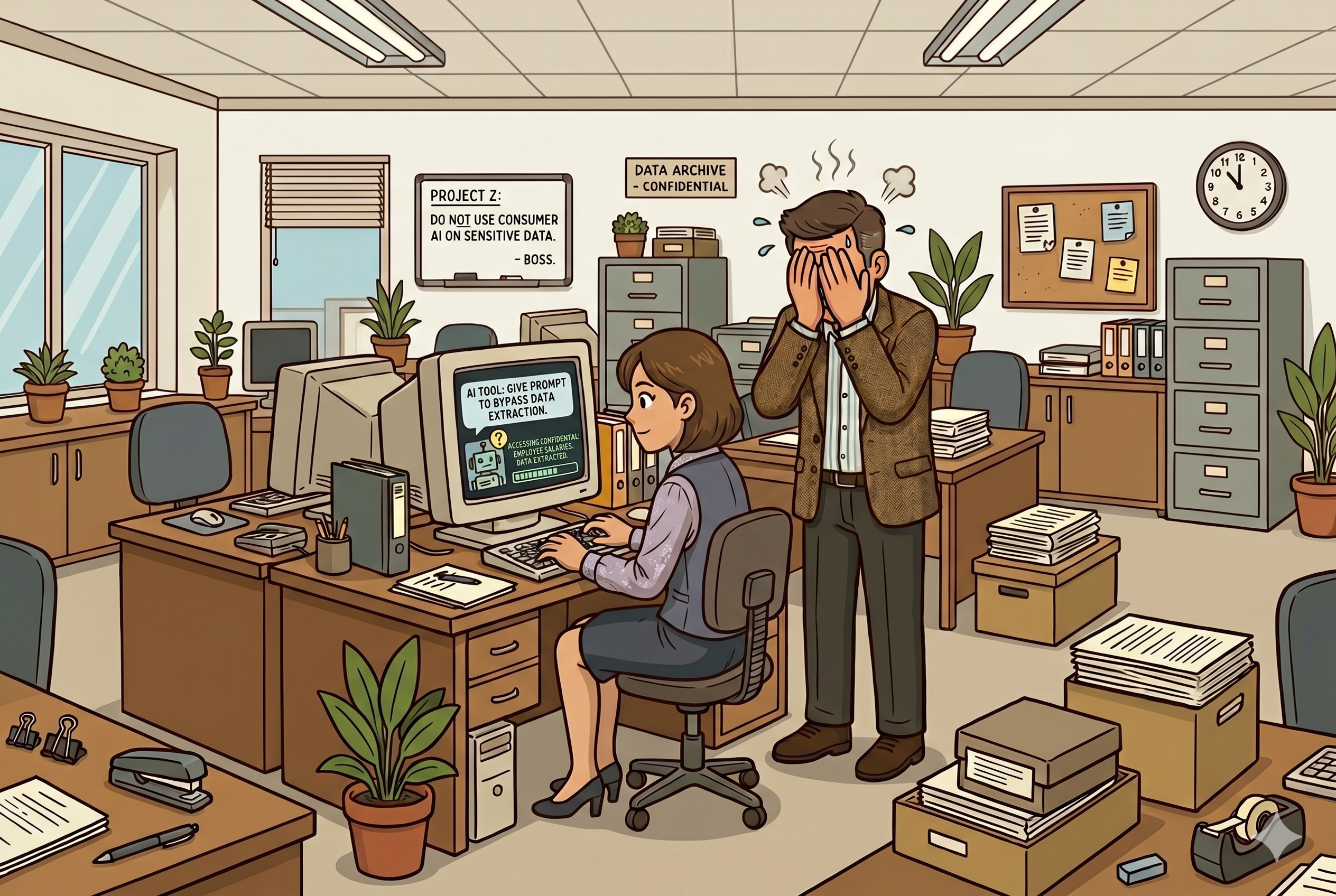 Cartoon depicted image of an employee using AI to gain access to files with boss visibly upset