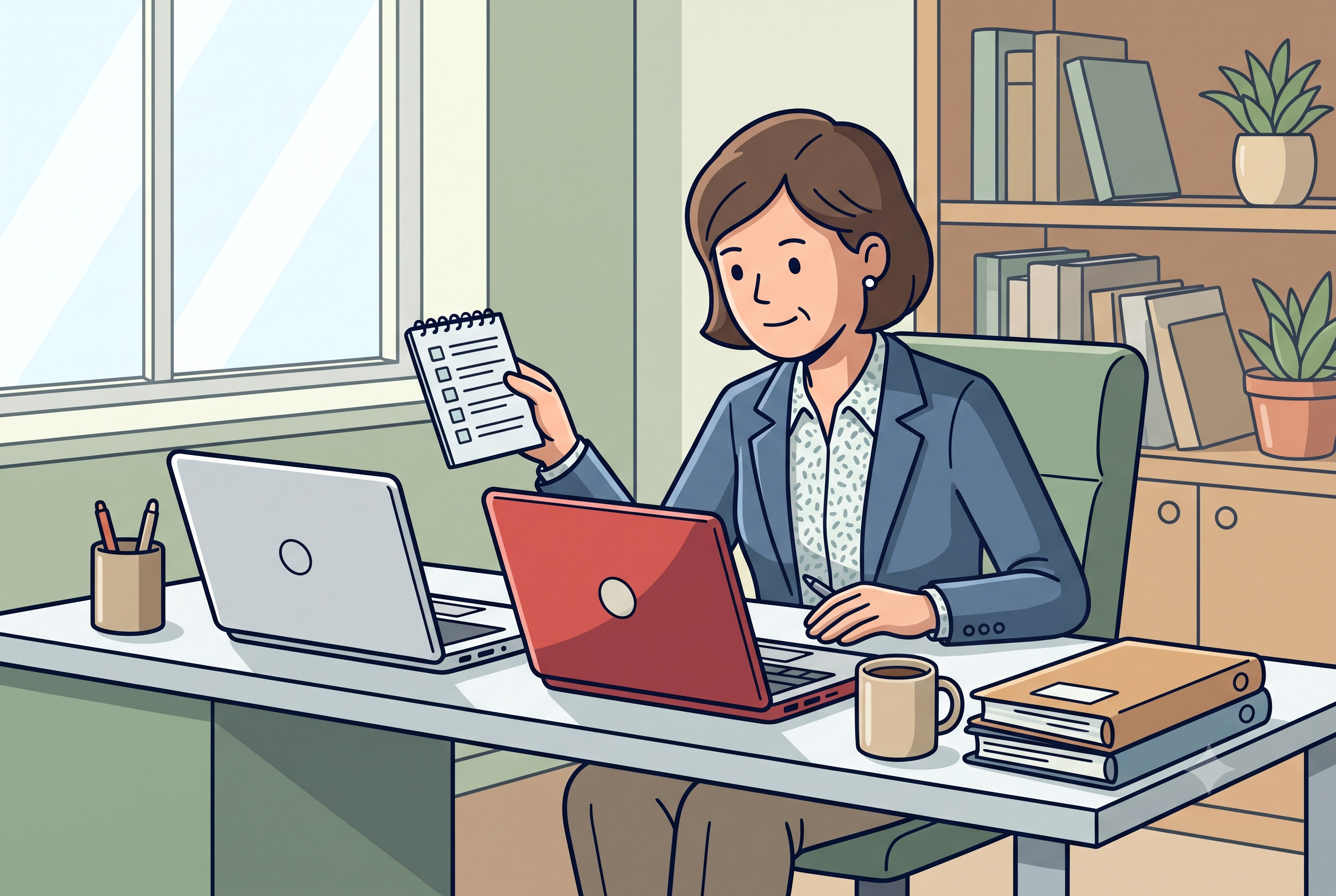 Cartoon illustration of a business owner comparing business and consumer hardware