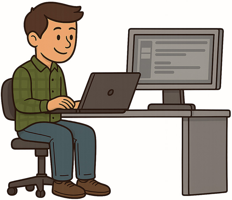 Cartoon illustration of a man working on a laptop at a desk with a desktop monitor