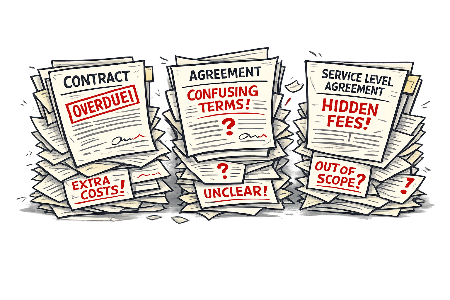 Cartoon illustration of three stacks of messy and confusing paperwork