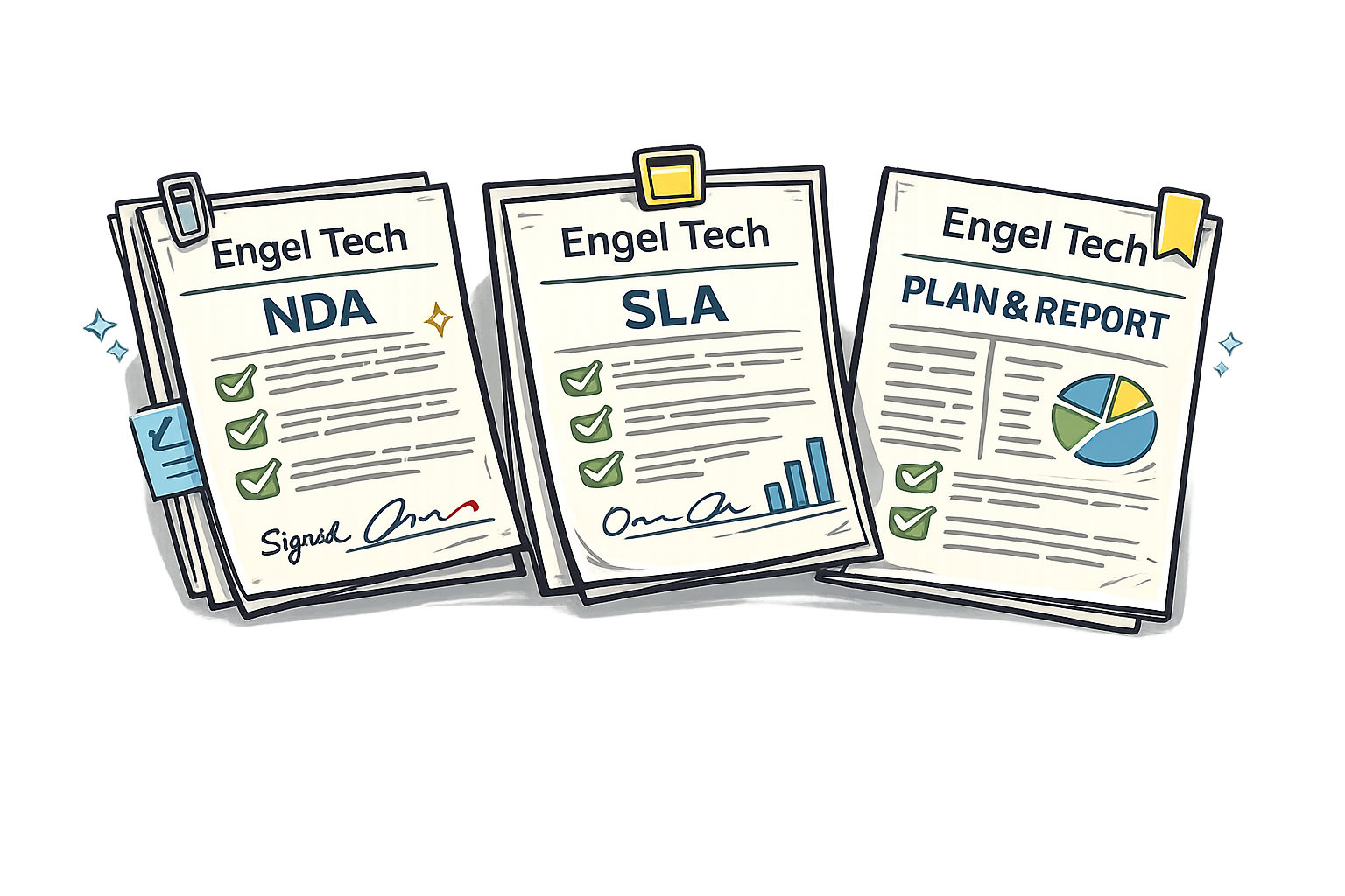Cartoon illustration of neat and easy to understand agreement paperwork