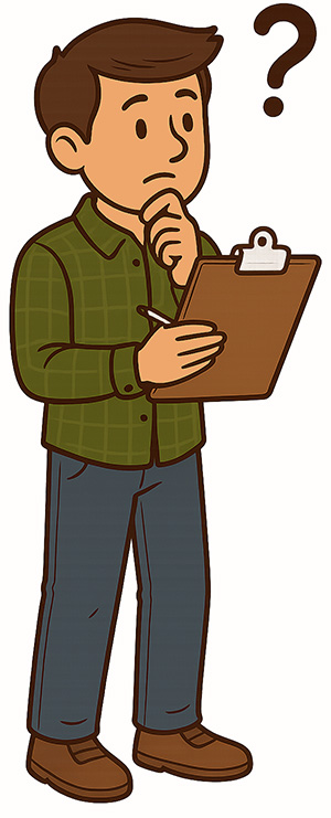 Cartoon illustration of a man holding a clipboard and looking confused with a question mark above his head