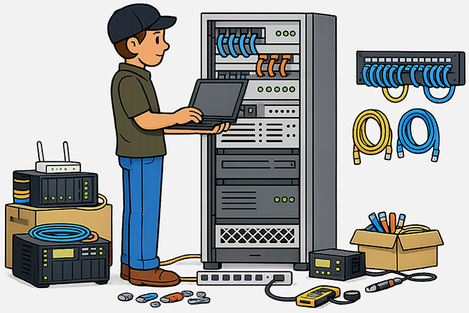 Cartoon illustration of a technician configuring a server rack with networking equipment and cables