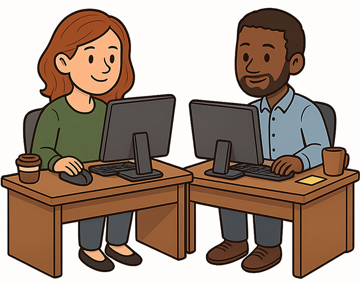 Cartoon illustration of two employees sitting at computer workstations happily working