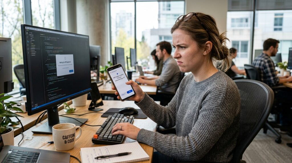 office worker sitting at workstation, frustrated at MFA prompt on both phone and monitor