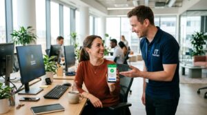 user holding up phone smiling with nearby IT technician gesuring helpfully