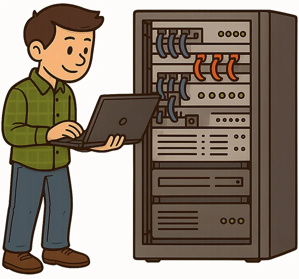 Cartoon illustration of an IT technician using a laptop next to a server rack