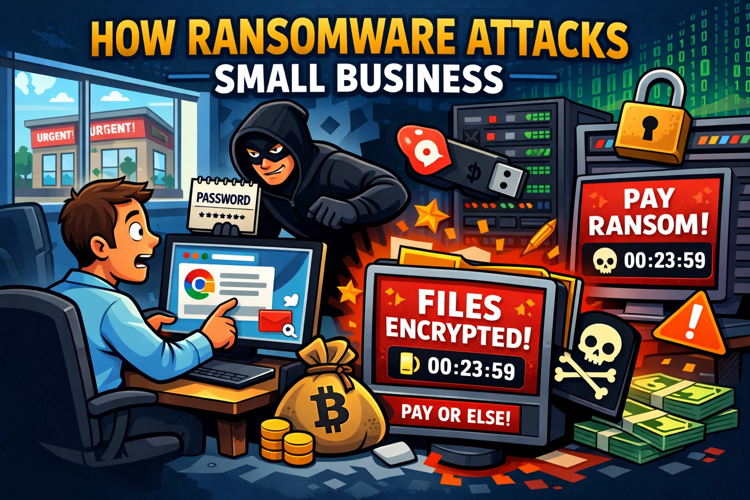 cartoon image depicting a threat actor ransoming a users business computer