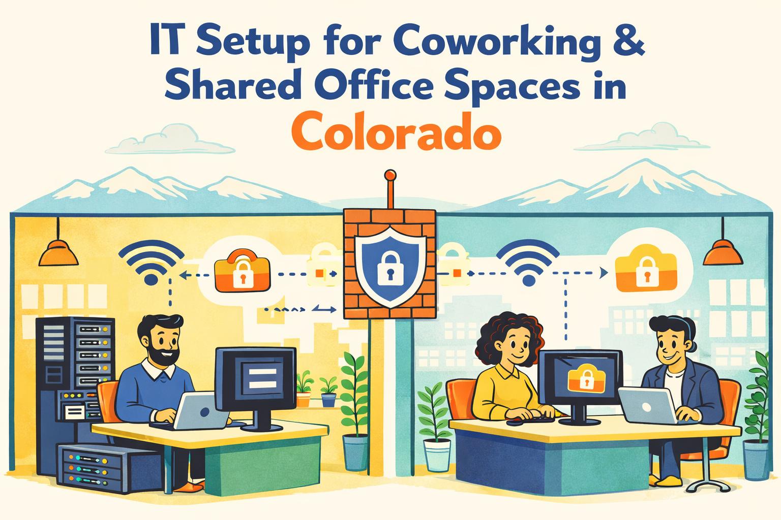 cartoon image depicting 2 businesses sharing an office space, separated by a networking firewall in a colorado coworking shared office space.