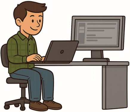 cartoon image of a technician sitting at a desk with a monitor and laptop
